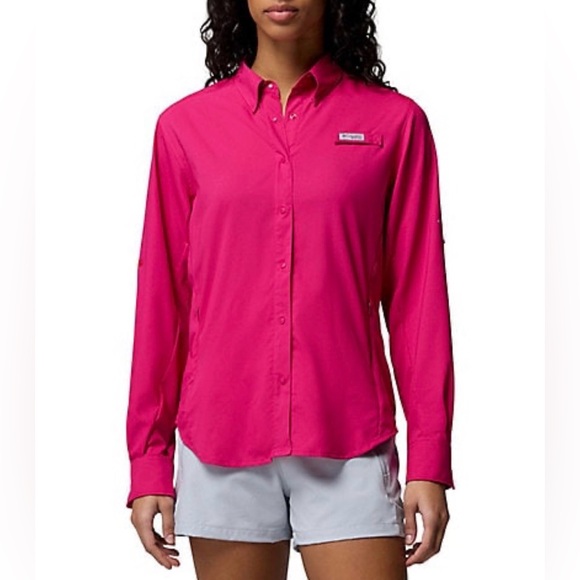 Columbia Tops - Women's Columba PFG Vented Fishing Shirt Size XL Roll-Tab Sleeves Snaps Pink